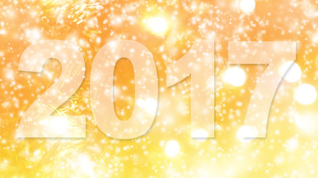 Abstract Christmas gold lights fir tree bokeh background with word 2017