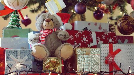 Gifts under the tree for Christmas day with teddy bear vintage styleの写真素材