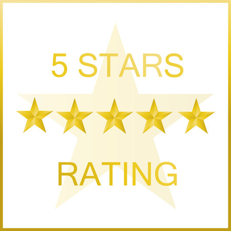 five stars rating on white background with gold border