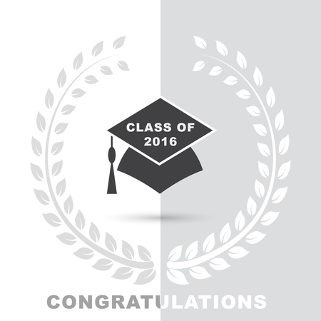 Simple grey wreath vector icon illustration on white background with graduation cap with words class of 2016 and congratulationsのイラスト素材