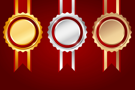 Set of Gold, silver and bronze award red ribbon on red background, vector illustrationのイラスト素材