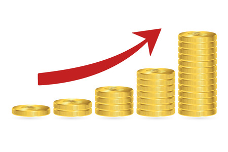 Increasing piles of coins with arrow, financial growth concept. Vector illustration.のイラスト素材