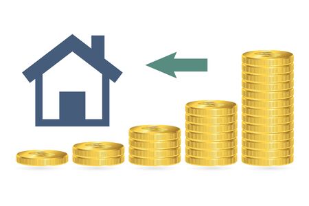 Increasing piles of coins, financial growth, buying home concept. Vector illustration.のイラスト素材