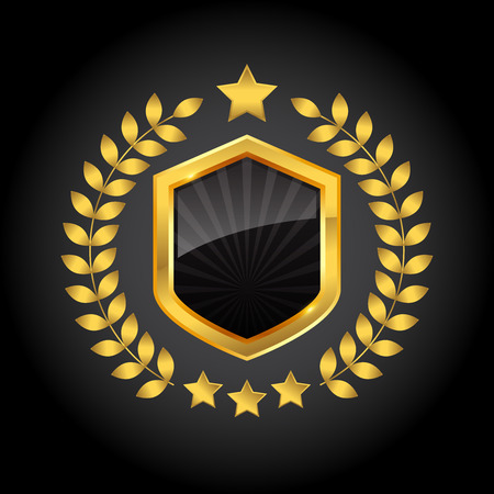 Golden shield with wreath and stars on black background, vector illustration.のイラスト素材