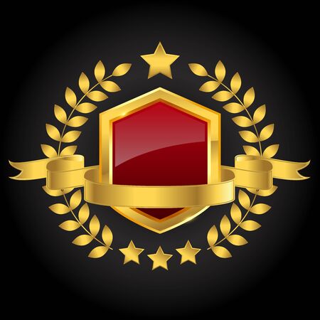 Golden red shield with ribbon and wreath on blank background, vector illustrationのイラスト素材