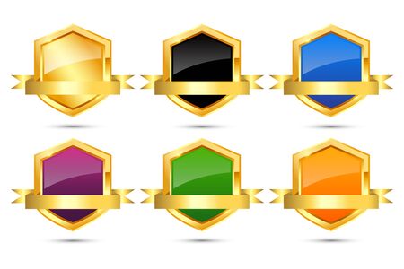set of shiny colorful shield with ribbon on white background, vector illustrationのイラスト素材