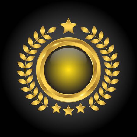 Golden, yellow badge with wreath and stars on black background, vector illustrationのイラスト素材