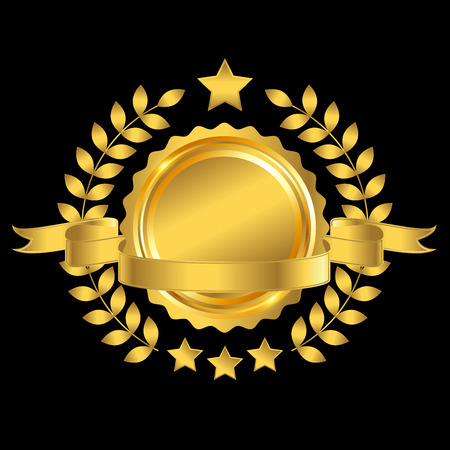 Golden badge with ribbon and wreath on blank background, vector illustrationのイラスト素材