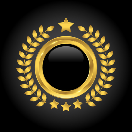 Golden, black badge with wreath and stars on black background, vector illustrationのイラスト素材