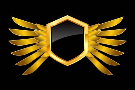 Golden black shield with wings on blank background, vector illustrationのイラスト素材