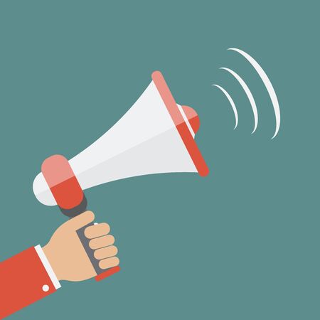 Hand holding Megaphone icon isolated on blue background, vector illustration.のイラスト素材