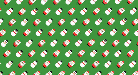 3D image of Santa Claus with several small snowman in italics on the right placed alternately and arranged in rows on a green background. Idea of image is that it can be used as gift wrapping paperの写真素材