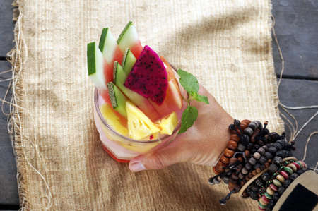 Ice milk sugar with fruits.の写真素材