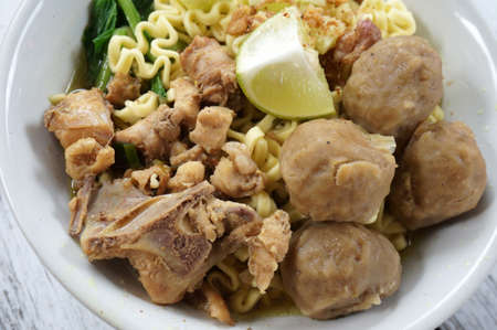 Closeup Chicken noodle soup  with meatball and vegetableの写真素材