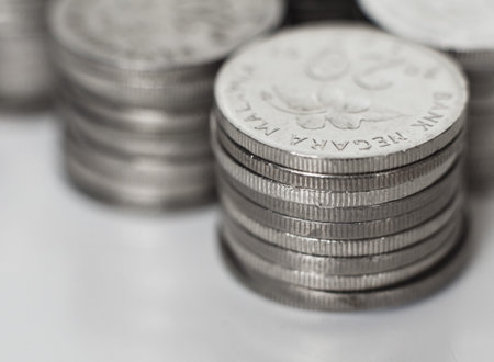 Coins stacked up and arranged in rows for accounting.