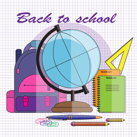 Back to school.vector illustration in flat style. School-backpack with globe,ruler, notebook, pen and  pencil.  Education and study learning concept.のイラスト素材