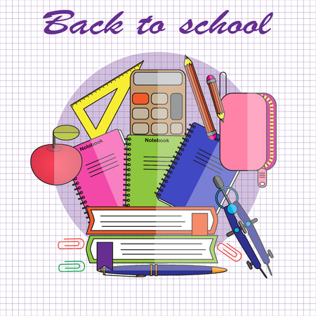 Back to school.Vector illustration in flat style. Notebooks with calculator, ruler, pencil case, pen and pencil. Education and study learning concept.のイラスト素材