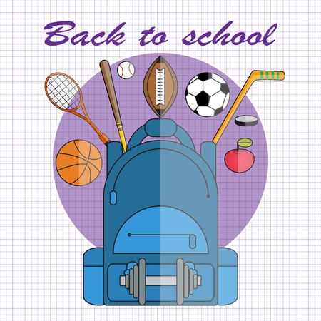 Back to school. Vector illustration in flat style. School-backpack with dumbbell, soccer and basketball balls, baseball bat, racket, hockey stick and washer. Education and study learning concept.のイラスト素材