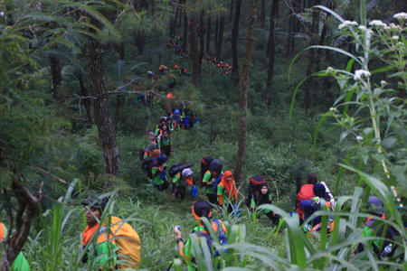 trekking in the jungle with groupのeditorial素材