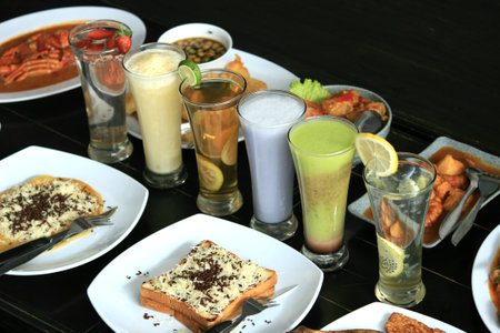photos of various foods and drinks that are fresh and healthyの写真素材