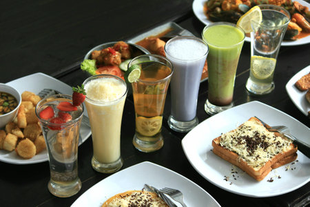 photos of various foods and drinks that are fresh and healthyの写真素材
