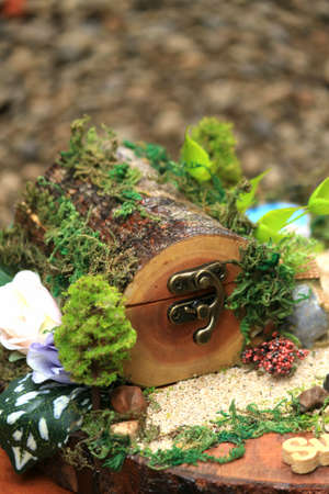 craft ring box for gift jewelry, weddings, and fiancees with rustic miniature fantasy theme.の写真素材