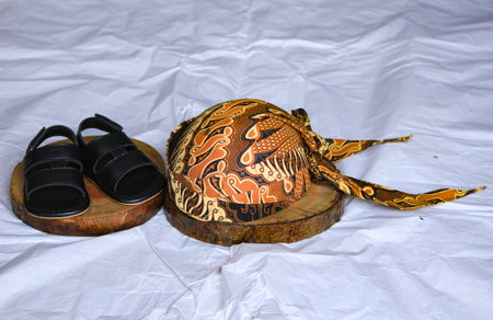 a set of traditional clothing from Central Java Indonesia consisting of a blangkon hat and sandals
