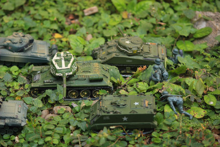Miniature infantry and tank cavalry are being stationed in the forest. Jungle battlefield...