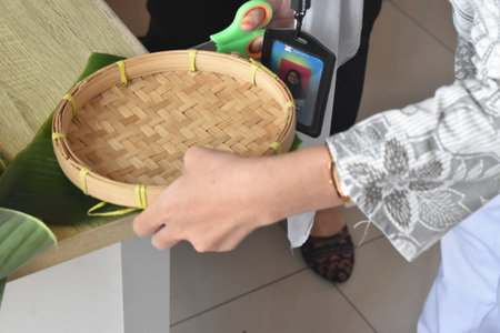 Bamboo basket for serving food and snacks. beautiful art items.の写真素材