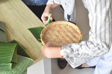 Bamboo basket for serving food and snacks. beautiful art items.の写真素材