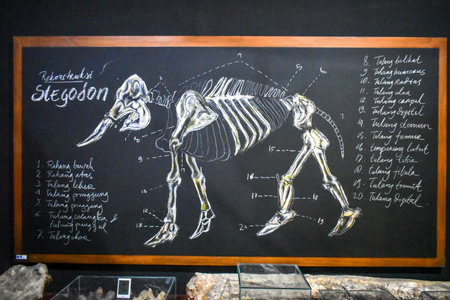 Skets fossil jawbone of an ancient elephant stegodon or mammoth in the Sangiran museum. This bone is very largeの写真素材