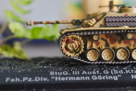 Miniature model of military tank, close-up. Selective focus.の写真素材