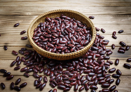 Red bean in a basket on the wood background