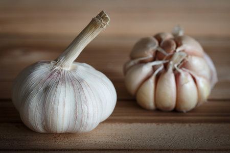 Dried Garlic on wood background