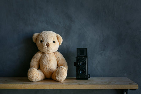 Teddy Bear and toy camera on wood floors and cement wall backgroundの写真素材