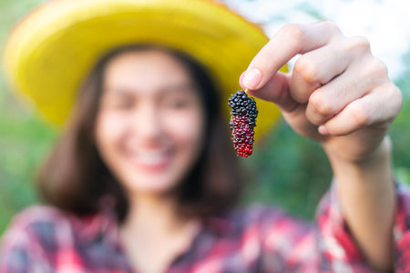Beautiful young smart farmers showing mulberry fruits, The fruit is ripe.