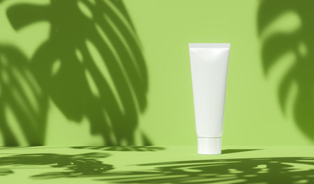 a cosmetic tube in a green scene with sunlight and leaf shadows. mockup for cosmetic presentation. 3d renderingの写真素材