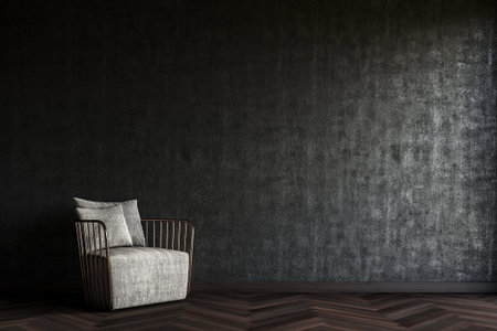 the modern armchair in front of the black wall concrete. design concept.