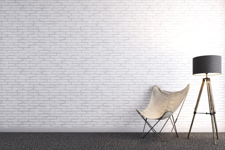 the modern furniture in front of the white brick wall. design concept.
