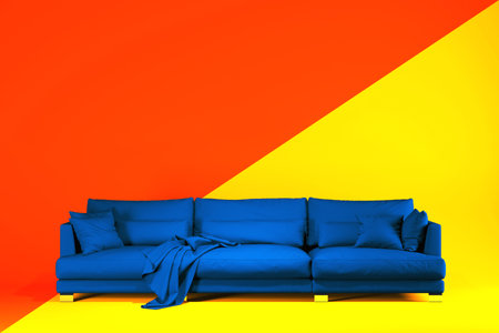 The blue sofa in two tone orange and yellow studio. Workspace of layout. 3D rendering.の素材 [FY310164135054]