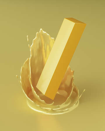 White cylinder base and three floating gold geometric objects on turquoise background, minimalist background for branding and presentation. 3d renderingの写真素材