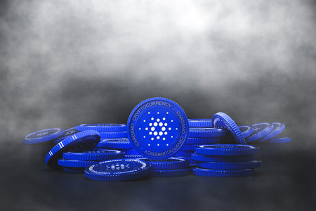 Mockup blue Cardano coin (ADA) pile in cold cough. For crypto currency market, token exchange promoting, advertising purpose. 3d renderingの写真素材