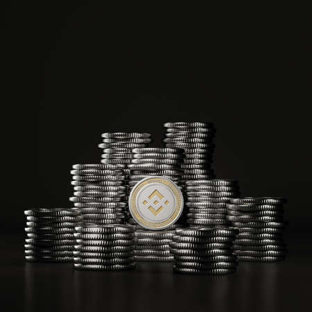 Silver Binance (BNB) coins pile in black scene, mockup digital currency coin for financial, token exchange promoting, advertising purpose. 3d renderingの写真素材