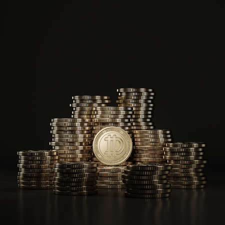 Golden Dogecoine (DOGE) coins pile in black scene, mockup digital currency coin for financial, token exchange promoting, advertising purpose. 3d renderingの写真素材