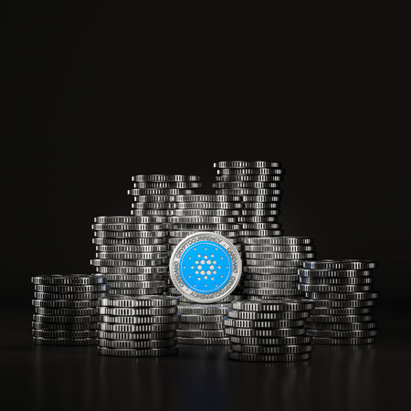 Silver Cardano (ADA) coins pile in black scene, mockup digital currency coin for financial, token exchange promoting, advertising purpose. 3d renderingの写真素材
