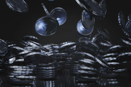 Blue silver Ethereum (ETH) coins falling from above in the black scene, mockup digital currency coin for financial, token exchange promoting, advertising purpose. 3d renderingの写真素材