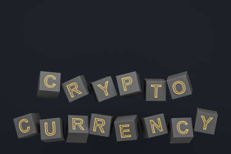 Minimalist background for Crypto currency, Gray cubic text for Crypto currency on dark background. 3d renderingの写真素材