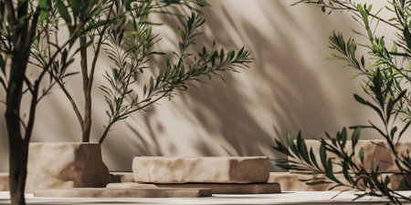 Beige stone slab for product presentation on mockup plants scene, Sunshade and tree shadows on wall,...
