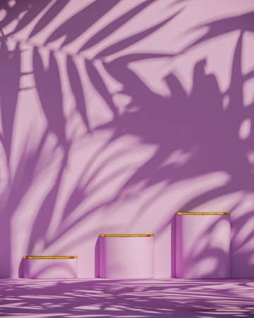 Three pink podium and golden top on sunshade and plants shadows on pink wall, abstract background for product presentation or ads. 3d renderingの写真素材