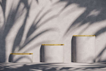 Three grey podium and golden top on sunshade and plants shadows on grey wall, abstract background for product presentation or ads. 3d renderingの写真素材